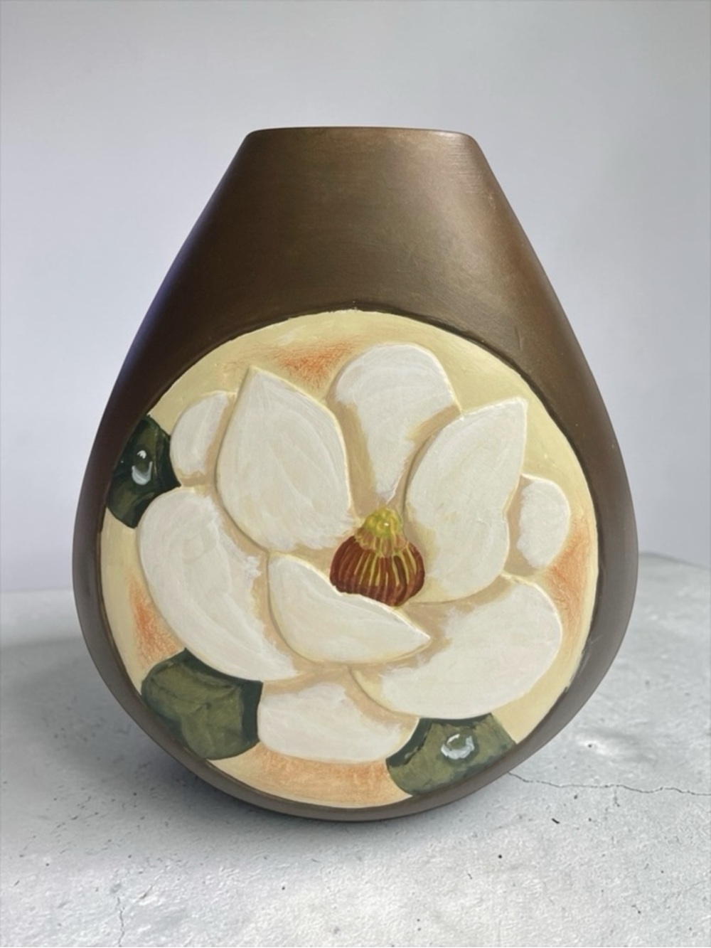Hand Carved and Painted Magnolia flower vase by a retired Sailor age 85 from GA